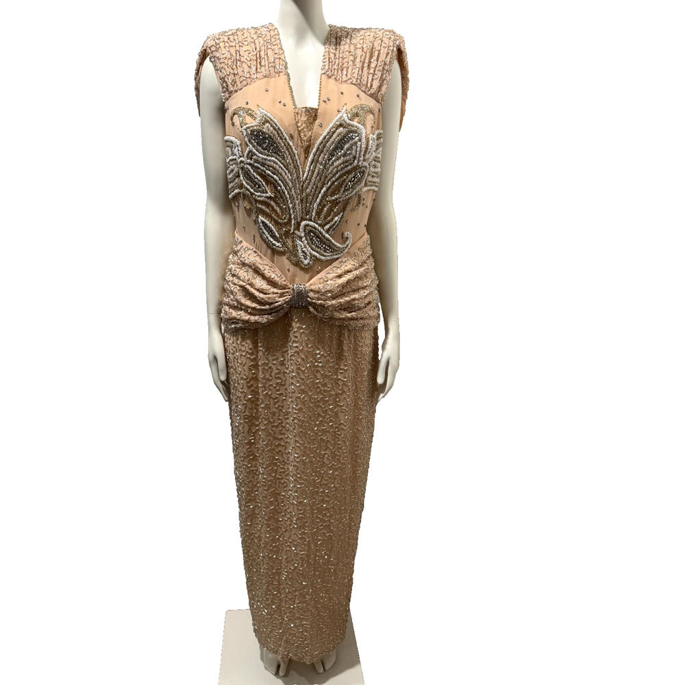 Claires Collection Nude Blush Grecian Beaded Formal Gown Dress Sz M MOB MOG